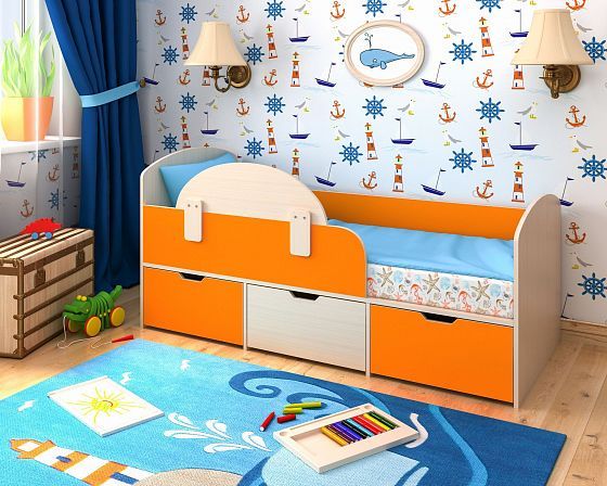 Кровать "Малыш Мини" - Молочный Дуб/Оранжевый