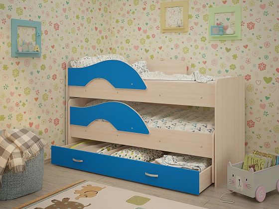 Детская выкатная кровать "Радуга" 1600 мм с ящиком - Цвет: Млечный Дуб/Синий