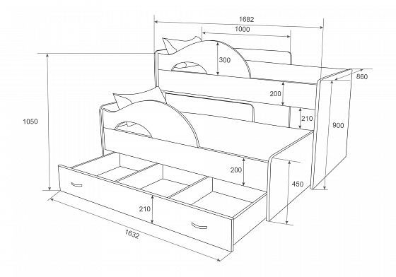 Детская выкатная кровать "Радуга" 1600 мм с ящиком - Схема