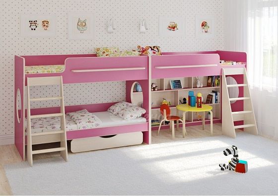 Трехъярусная кровать "Легенда 25.3" - Цвет: Венге светлый/Розовый