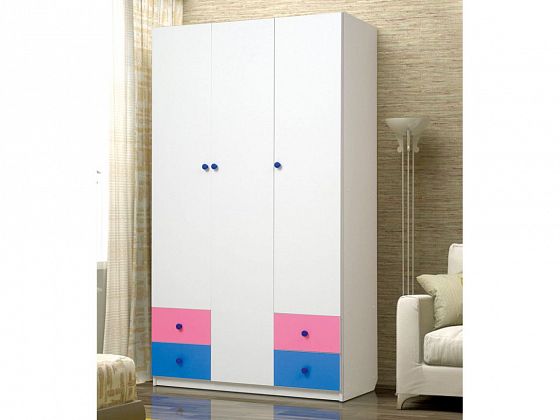 Шкаф 3-х дверный с ящиками "Радуга" - Шкаф 3-х дверный с ящиками "Радуга", белый, ярко-розовый, сини