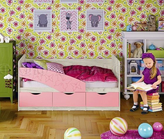 Кровать "Бабочки" 2,0*0,8 м (МДФ глянцевый) - Цвет: Дуб Крафт Белый/Розовый металлик