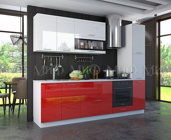 Кухня "Техно NEW" 2,0 м - Цвет: Белый глянец/Красный металлик