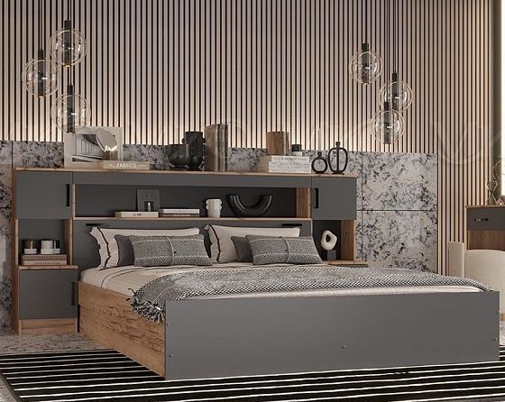 Кровать 1600 с надстройкой и тумбами "Бася" - Дуб Крафт/Графит Софт (Серый)