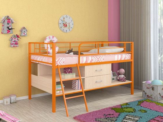 Кровать-чердак "Севилья-мини" с ящиками - Цвет: Оранжевый/Дуб молочный