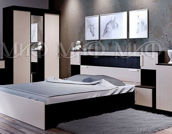 Кровать 1,6 м с надстройкой и тумбами "Бася" - В интерьере, цвет: Дуб беленый/Дуб Венге