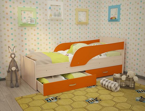 Кровать "Антошка" с двумя бортиками Цвет: Млечный Дуб/Оранж