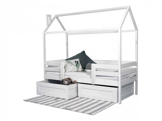 Кровать "Домик" с бортиками - Кровать Домик с бортиками с выкатными ящиками, цвет: Белый