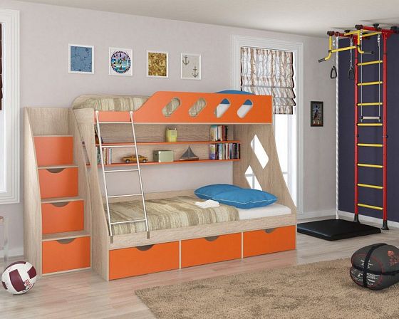 Кровать двухъярусная "Дельта" №20.01 - Цвет: Дуб Сонома/Оранжевый