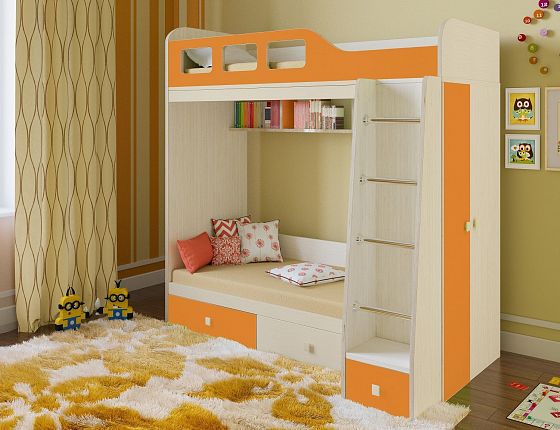 Двухъярусная кровать Астра 3 - Двухъярусная кровать Астра 3, Цвет: Дуб молочный/Оранжевый