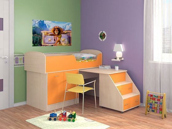 Кровать-чердак "Дюймовочка-2" - Цвет: Дуб молочный/Оранжевый