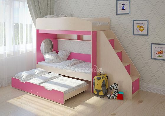 Кровать трехъярусная "Легенда 10.5" Цвет: Венге светлый/Розовый