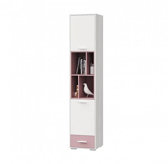 Шкаф для книг "Лило" с двумя дверями и одним ящиком - Цвет: Ясень Анкор светлый/Белый/Пепел розы
