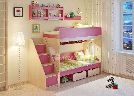 Двухъярусная кровать "Легенда 7.3" с полками Цвет: Венге светлый/Розовый