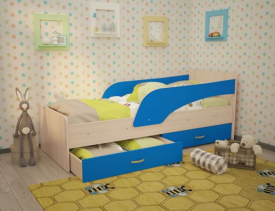 Кровать "Антошка" с двумя бортиками Цвет: Млечный Дуб/Синий