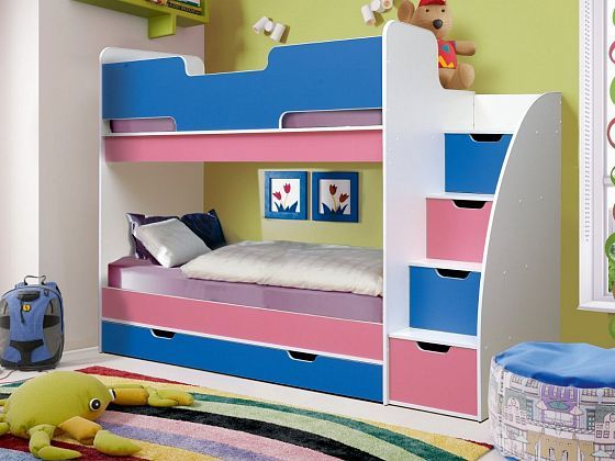 Кровать детская двухъярусная "Юниор-9" - Кровать детская двухъярусная "Юниор-9", Цвет: Белый/Синий/Я