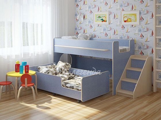 Детская выкатная двухъярусная кровать "Легенда 23.4" Цвет: Лен голубой