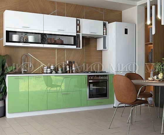 Кухня "Техно NEW" 2,0 м - Цвет: Белый глянец/Салатовый металлик