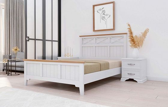 Кровать "Грация-5" 1400 мм с карнизом + ламели - Цвет: Белый античный/Сосна