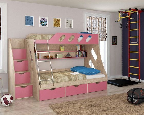Кровать двухъярусная "Дельта" №20.01 - Цвет: Дуб Сонома/Розовый