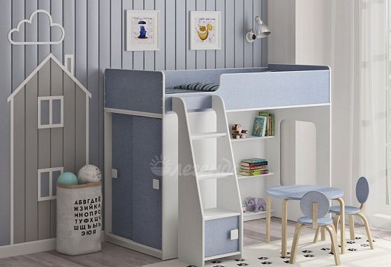 Детская кровать-чердак "Легенда 42.5.1" со шкафом-купе Цвет: Белый/Лен Голубой