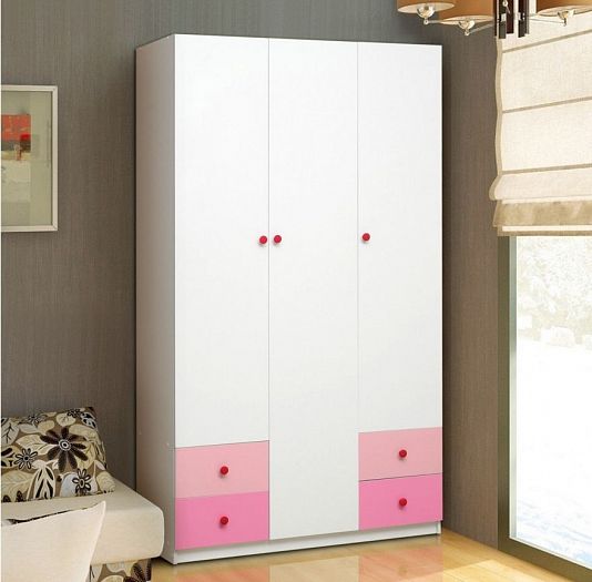 Шкаф 3-х дверный с ящиками "Радуга" - Шкаф 3-х дверный с ящиками "Радуга", Цвет: Белый/Ярко-розовый/