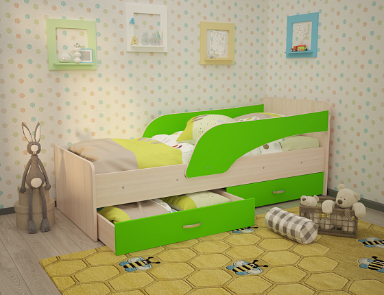 Кровать "Антошка" с двумя бортиками Цвет: Млечный Дуб/Зеленый