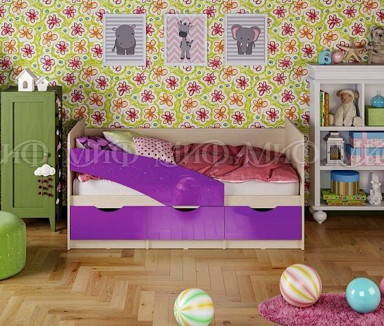 Кровать "Бабочки" 2,0*0,8 м (МДФ глянцевый) - Цвет фасдов: Фиолетовый металлик