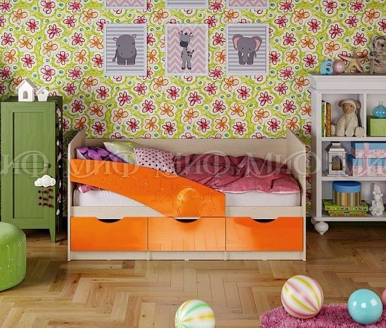 Кровать "Бабочки" 2,0*0,8 м (МДФ глянцевый) - Цвет фасадов: Оранжевый металлик