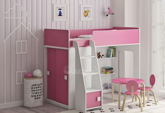 Детская кровать-чердак "Легенда 42.5.1" со шкафом-купе Цвет: Белый/Розовый