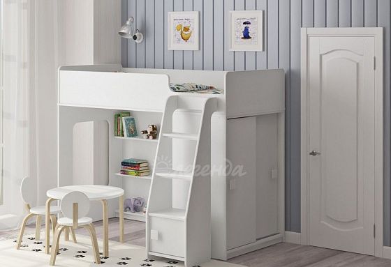 Детская кровать-чердак "Легенда 42.5.1" со шкафом-купе Цвет: Белый