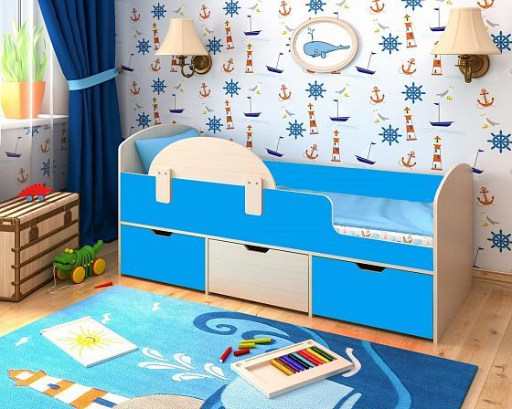 Кровать "Малыш Мини" - Молочный Дуб/Голубой