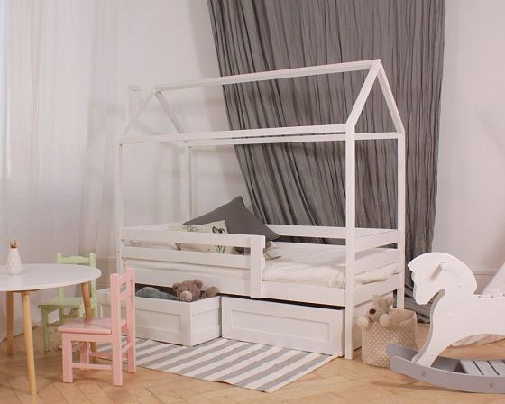 Кровать "Домик" со стационарным бортом - Кровать Домик с 1 бортом с выкатными ящиками, цвет: Белый