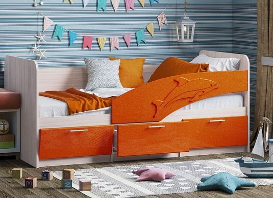 Кровать "Дельфин" (фасад 3D) 1600 мм (Правый) - Цвет: Ясень Шимо светлый/Апельсин металлик