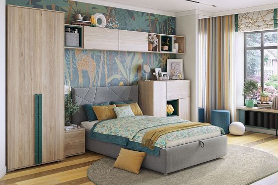 Модульная спальня "Лайк" - Вариант 6, цвет: Дуб Мария/Изумруд